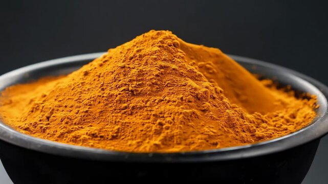 Golden turmeric powder in a silver metallic bowl, used for cooking, traditional remedies, and vibrant seasoning