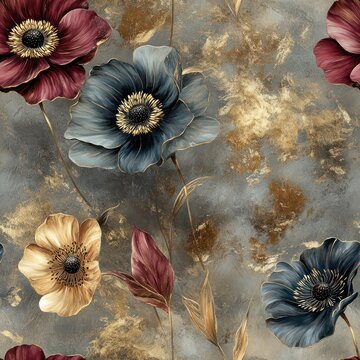 Seamless beautiful oil painting flowers in grunge style pattern