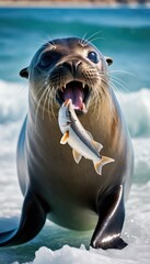 Fototapeta premium Playful seal enjoying the ocean waves, holding a vibrant orange fish. A lively marine scene capturing the beauty of aquatic wildlife in action