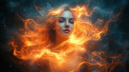 Fiery haired woman engulfed in flames and smoke.