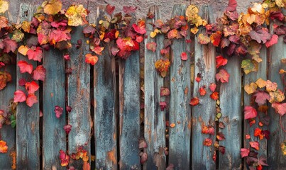 Old weathered wooden picket fence covered in foliage