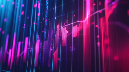 Colorful data visualization shows financial fluctuations with vibrant bars and lines on a digital backdrop