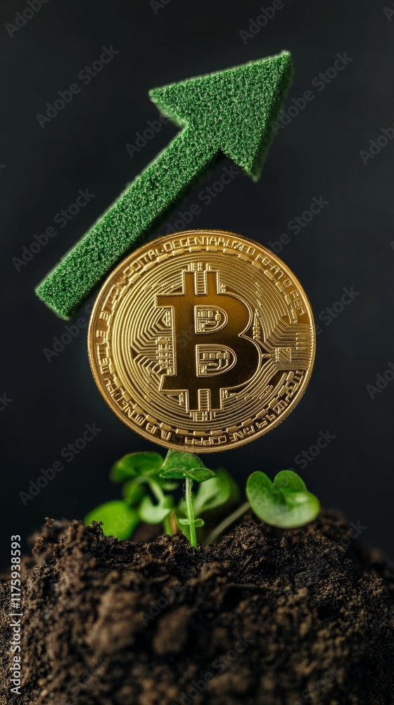 Poster gold bitcoin over small plant growing from the ground with green arrow pointing up symbolizing growt