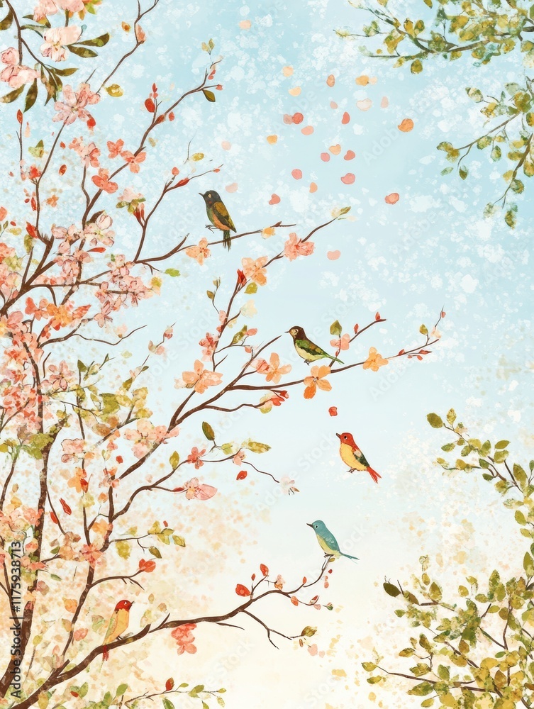 Poster hand drawn doodle of colorful birds perched on branches during spring under a bright blue sky. gener