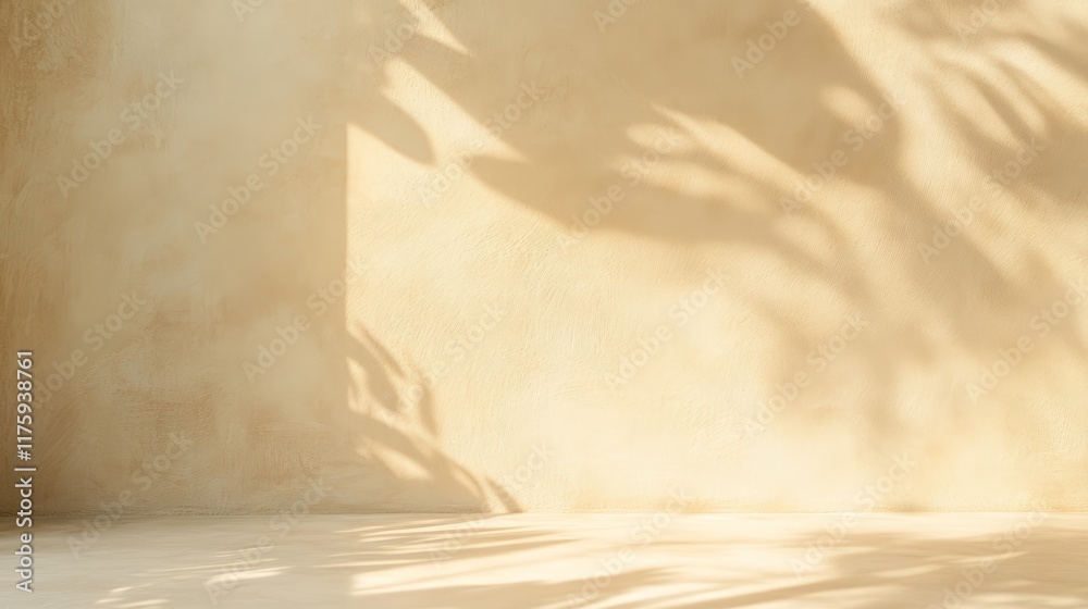 Poster minimalist interior scene with beige wall and floor, illuminated by natural light casting shadows of