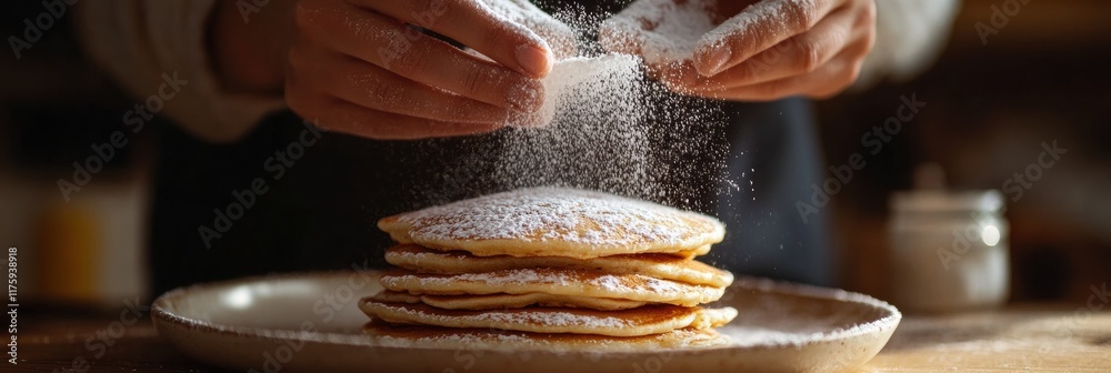 Poster perfecting the art of pancake making with a sprinkle of powdered sugar for a sweet touch. generative