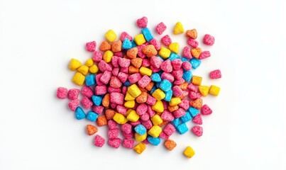 Pile dry colorful cat food isolated on white background, top view