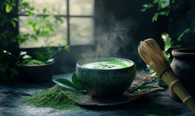 Lush green matcha latte in a ceramic cup, surrounded by matcha powder and a traditional whisk, calming zen vibes,