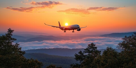 A plane flying over mountains at sunset, creating a serene travel scene.