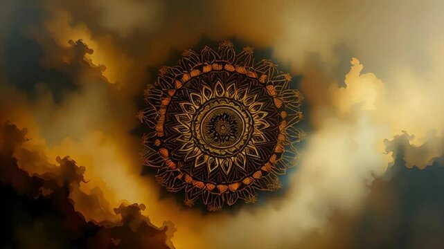 Abstract mandala art with warm colors on mystical cloud background for decorative purposes