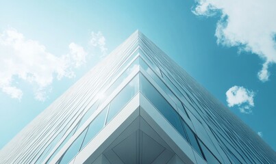 Fototapeta premium Minimalist architecture detail showing a sharp corner of a white building under a bright blue sky, perfect symmetry and clean geometry,