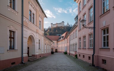 Fototapeta premium Historic Street in Heidelberg, Picturesque European alley with castle view.