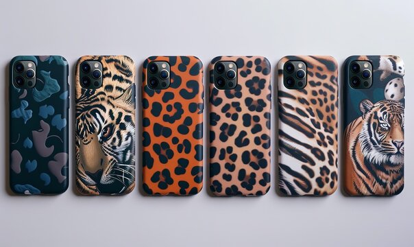 These smartphone cases are arranged in two rows on a white background and include a variety of animal print patterns, such as zebra, tiger, leopard, and cheetah designs, Generative AI. - Powered by Adobe