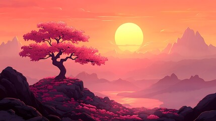 Pink Blossoms Adorn Mountaintop Tree at Sunset