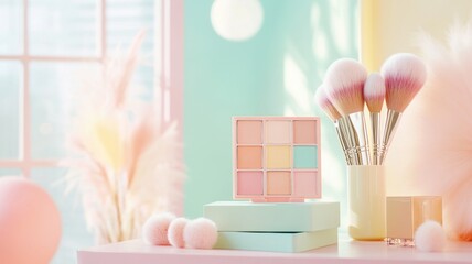 Softgirl aesthetic pastel makeup set with brushes in dreamy light for beauty inspiration