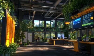 Modern coworking space filled with augmented reality screens, collaborative work zones, and greenery integrated into a sleek, sustainable design,