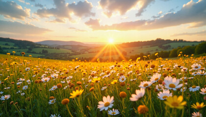 Fototapeta premium Flowering meadow in spring with panoramic view and rolling hills at golden hour for Earth Day