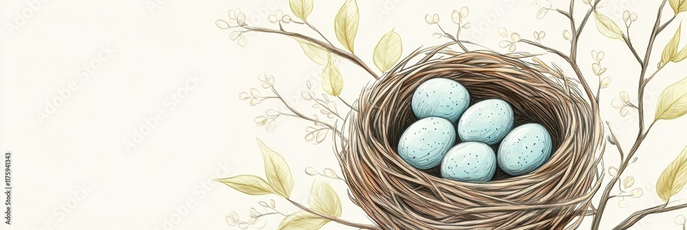Poster nest of blue eggs surrounded by delicate branches and leaves showcasing springs arrival in a serene 