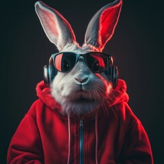 a cool easter male bunny, with sunglassesn with headphones, in neon light - Generative AI	
