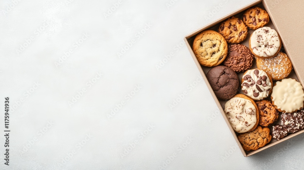 Poster open cardboard box filled with various freshly baked cookies, creating a delightful arrangement of f