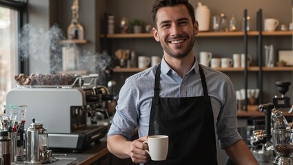 Warm barista in black apron smiling preparing coffee in modern cafe with espresso machine and coffee beans