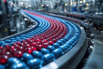 Fototapeta premium pharmaceutical capsules moving seamlessly along a production line in a high-tech factory, showcasing the advanced manufacturing process in the medical industry. the scene is vibrant and dynamic