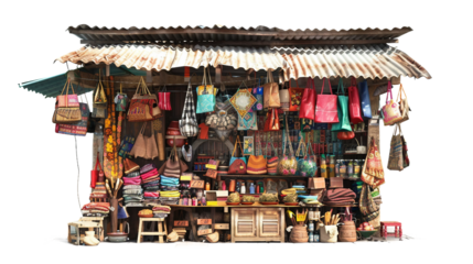 Street vendors and enthusiastic shoppers at a bustling outdoor market isolated on transparent background