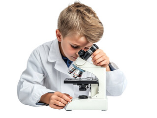 Young boy explores science with a microscope