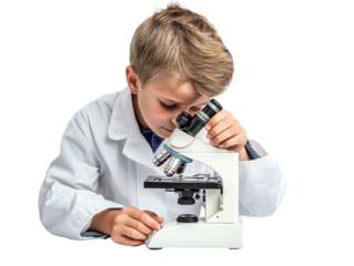 Young boy explores science with a microscope