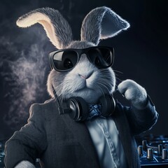 a cool easter male bunny, with sunglassesn as a dj, in neon light - - Generative AI	
