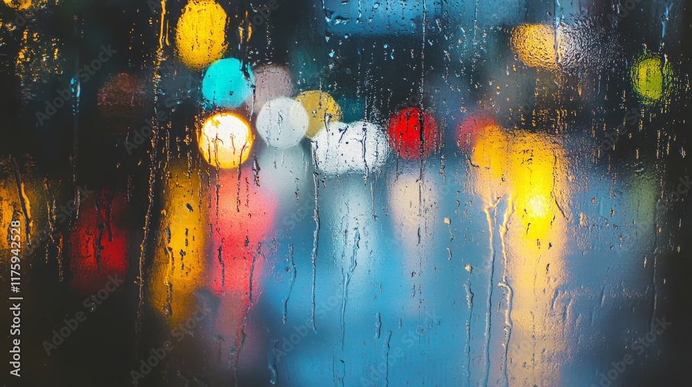 Poster rain streaming down a glass window creates a mesmerizing blur of colorful city lights in the backgro