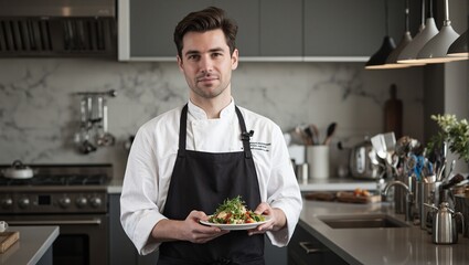 Professional personal chef in black apron presenting a gourmet dish in a high tech kitchen