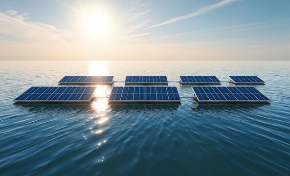 Floating solar panels, reflective ocean surface, bright sunlight, blue sky with wispy clouds, renewable energy, futuristic technology, sustainable power generation, tranquil seascape, sun flare, photo - Powered by Adobe