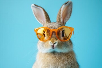 playful rabbit wearing trendy orange sunglasses against a soft pastel blue background, radiating a fun, quirky vibe, with ample copy space for text, inviting creativity and humor