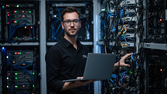 IT technician in server room holding laptop checking network cables with rows of server racks and flashing lights