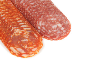 Salami smoked sausage, isolated on white background.