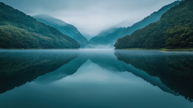 Mist envelops a tranquil mountain lake surrounded by lush green hills at dawn