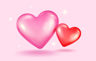 Vector icons of pink and red hearts for Valentine's Day in realistic 3d style.