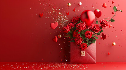 Red bouquet of roses is in a red envelope on a red background