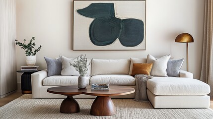 Minimalist living room, curved white sofa, textured walls, abstract art, organic shapes, neutral color palette, pampas grass, wooden coffee table, earthy tones, natural materials, soft lighting, conte