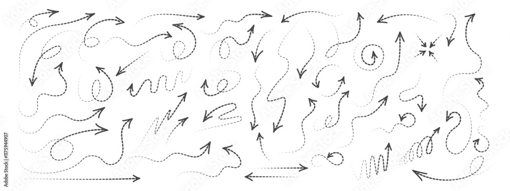Poster Set of curved arrows with dotted lines. A collection of zigzag arrows with dotted lines, curved pointers indicating a complex path . Vector simple design.