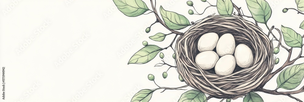 Poster Doodle of a nest with five eggs surrounded by green leaves resting on a branch in a serene natural setting. Generative AI