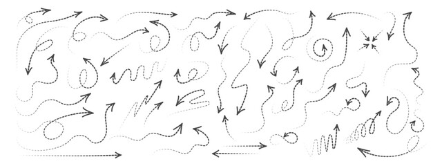 Set of curved arrows with dotted lines. A collection of zigzag arrows with dotted lines, curved pointers indicating a complex path . Vector simple design.