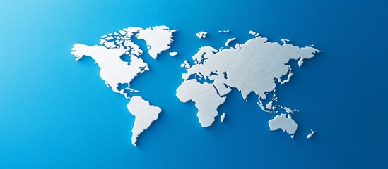 A textured world map on a blue background representing global connectivity, geography, international relations, and unity in a modern minimalist design..