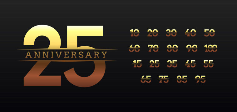 Gold gradient anniversary numbers with elegant typography design, celebrating milestones from 10 to 100 years for branding, events, or commemorative materials. Vector illustration