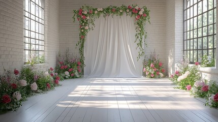 Fototapeta premium Floral wedding arch in bright loft.
