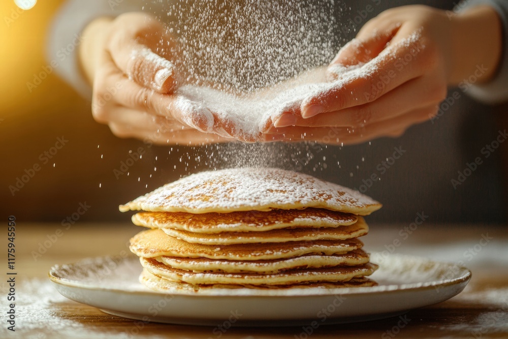 Poster delighting in the art of sprinkling powdered sugar over a warm stack of pancakes at a cozy breakfast