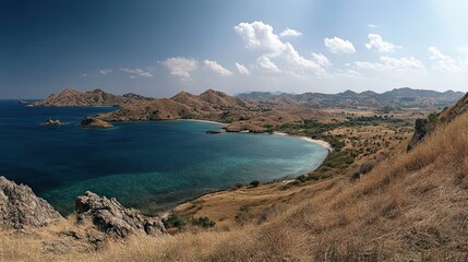Fototapeta premium Panoramic view of a secluded bay with clear turquoise water, surrounded by dry, grassy hills and rocky coastline under a partly cloudy sky.