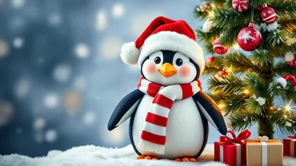 Adorable snowman wearing a red scarf and hat next to a decorated Christmas tree in a winter wonderland scene. High quality 4k footage
