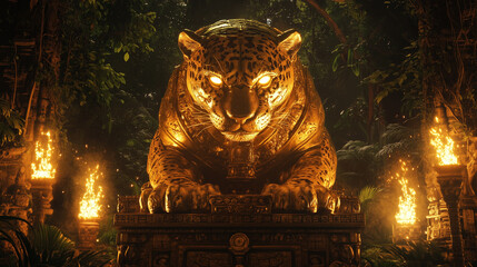 A golden Mayan jaguar statue surrounded by torches and dense greenery, its eyes glowing with power
